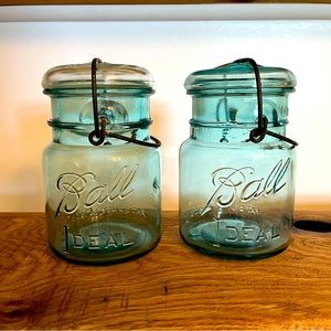 2x Vintage Ball Ideal Pat July 14 1908 Aqua Mason Canning Jar Blue